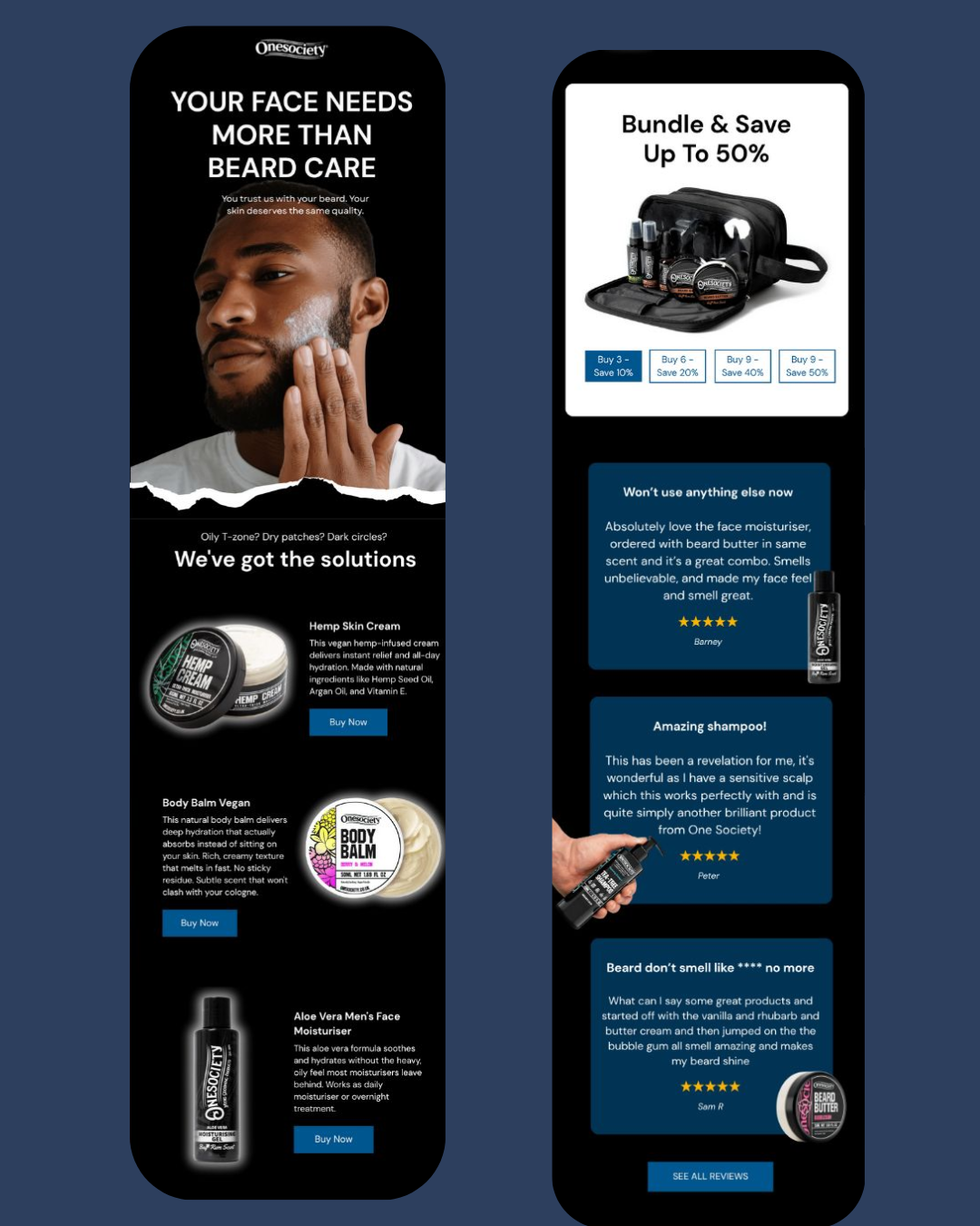 One Society email campaign design with product showcase and testimonials